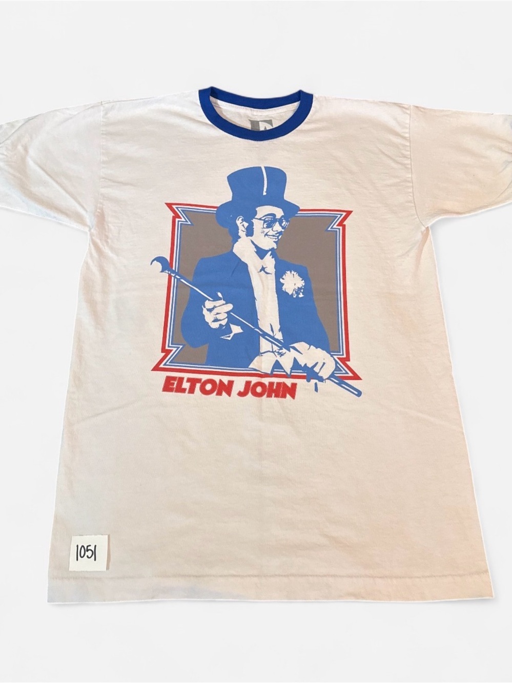 Elton John Hat Ringer Concert Tee - White with Blue & Red Print